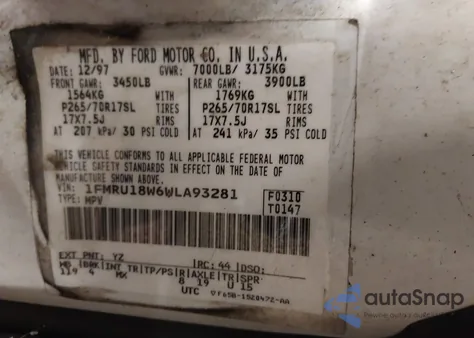 1998 Ford Expedition Eddie Bauer/Xlt z USA, uszkodzony, nr VIN 1FMRU18W6WLA93281